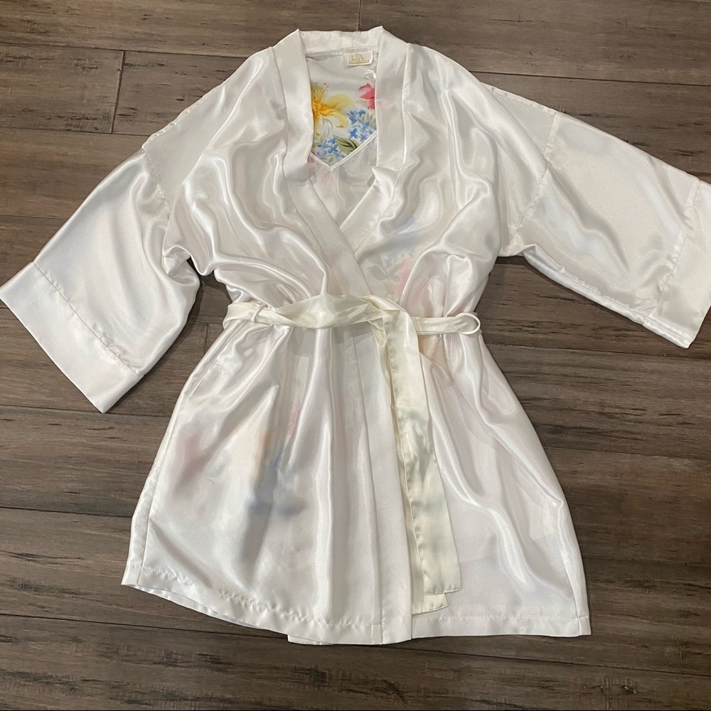 L.A. Intimates satin‎ white floral night gown and robe chemise USA made slip